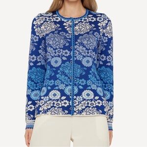 Oleana Porcelain Heritage Cardigan – Blue Floral Knit, Size L